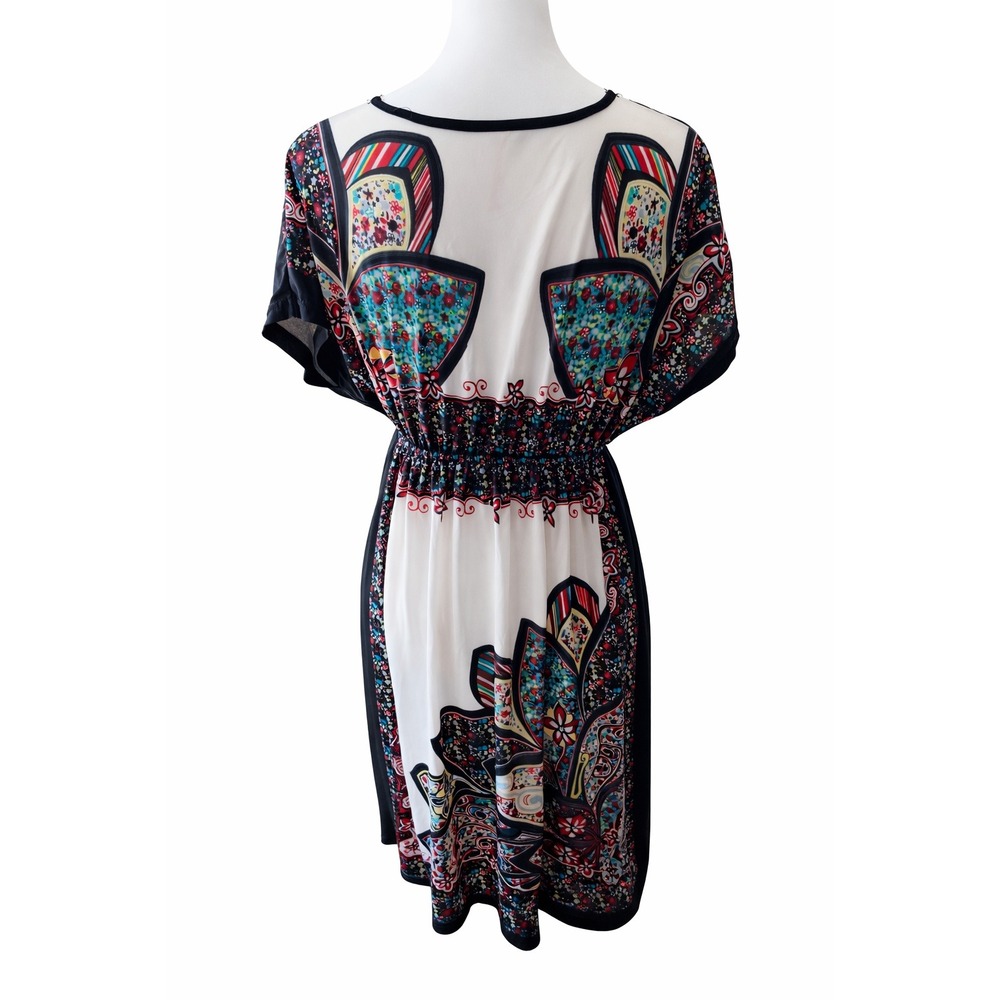 India Beautiful Boho V-Neck Elastic Waist Paisley Floral Vibrant Mini Dress M‎ - Picture 4 of 4